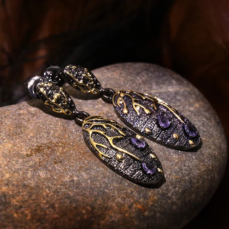Vintage Bark Purple Drop Earrings for Women New Ethnic Gold Metal Rhinestone Branch Leaf Hanging Dangle Earring O5T269