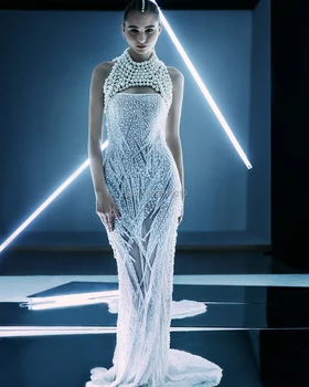 

Glamorous Round Neck Mermaid Evening Dress Floor-Length Sleeveless Beading Pearl Prom Dress Formal Dress Robe De Soiree Aibye