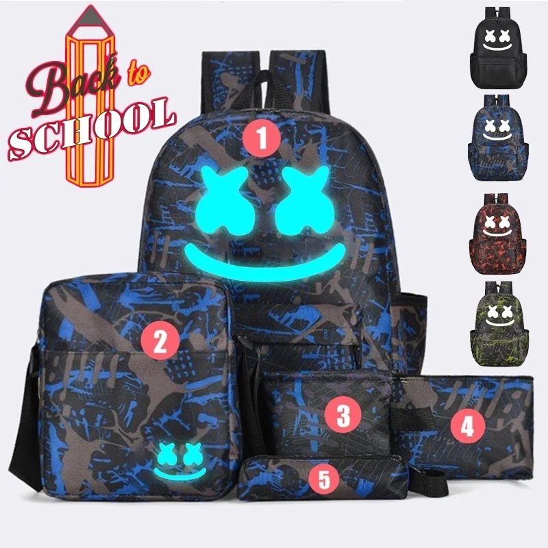 

BPZMD 5pc/set DJ backpack School Bag Set For Teenagers Boys Girl Student Backpack Luminous Anti-theft Backpack Back To School