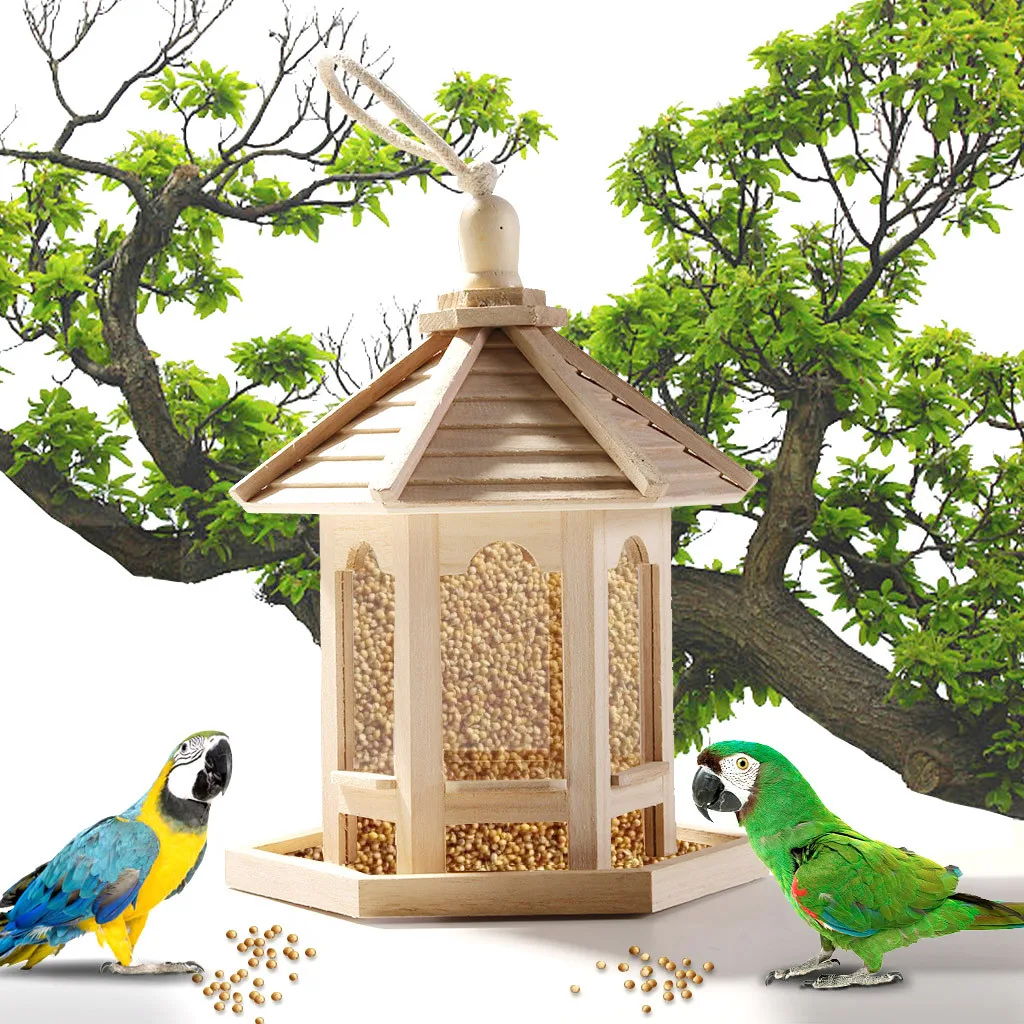 Прочный деревянный пластиковый подвесной прозрачный кормушка для птиц для сада и двора, чехол для еды, товары для домашних животных, шестигранная деревянная кормушка для птиц