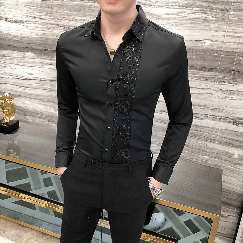 Chemises Hommes Sexy Lace Patchwork Shirt New Fashion Men's Nightclub Party Work Shirt Formal Slim Fit Social Party men casual shirt