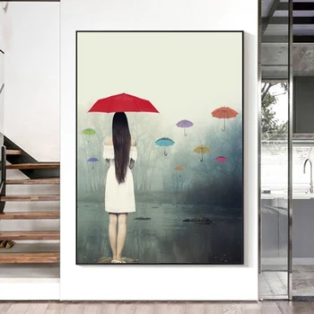 Woman with Umbrella In The Rain Painting Printed on Canvas 1