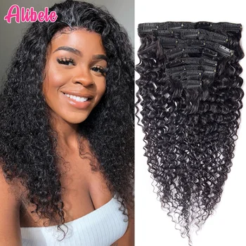 

Brazilian Curly Clip In Hair Extensions Alibele Deep Wave Human Hair Extensions Clips In 10-24 inch Natural Hair Weft Extensions