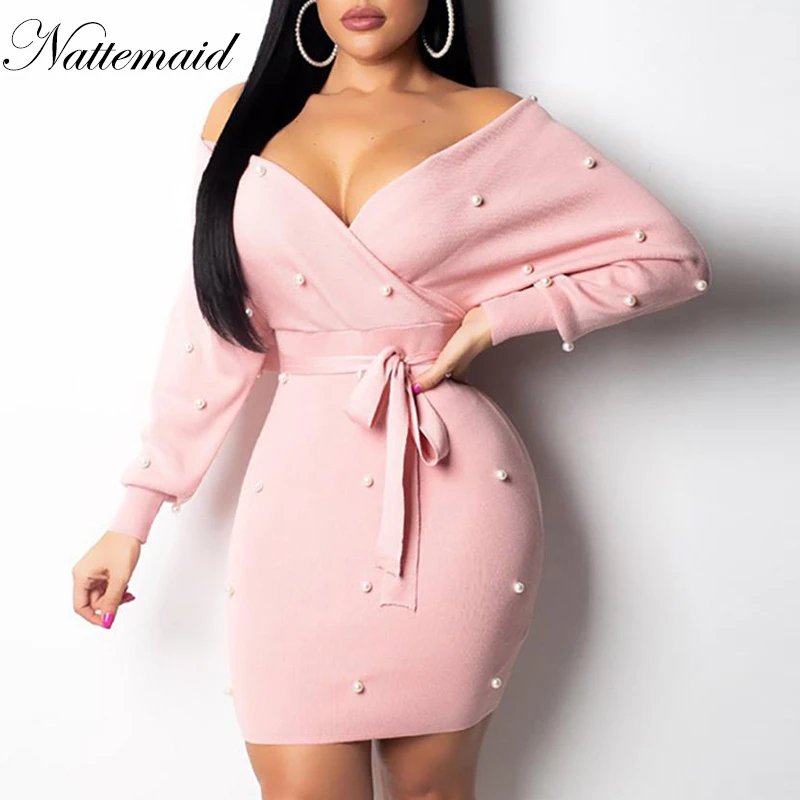 

Pearl Knitted Autumn Winter Dresses Women Long Sleeve Sexy Dress Bodycon Elegant Mini Sweater Party Dress Vestidos With Sashes