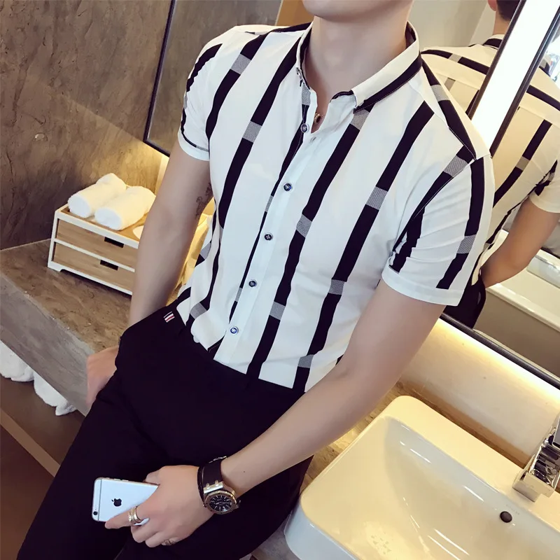

2019 Summer Wear Men Short Sleeve Striped Shirt Korean-style Slim Fit Hair Stylist Love Short Sleeve Shirt Men's 1-Piece