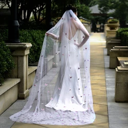 Unique Long Lace Bridal Veil with 3D Butterfly-Flower White Ivory Veil with Comb Blusher Bride Headpiece Wedding Accessories