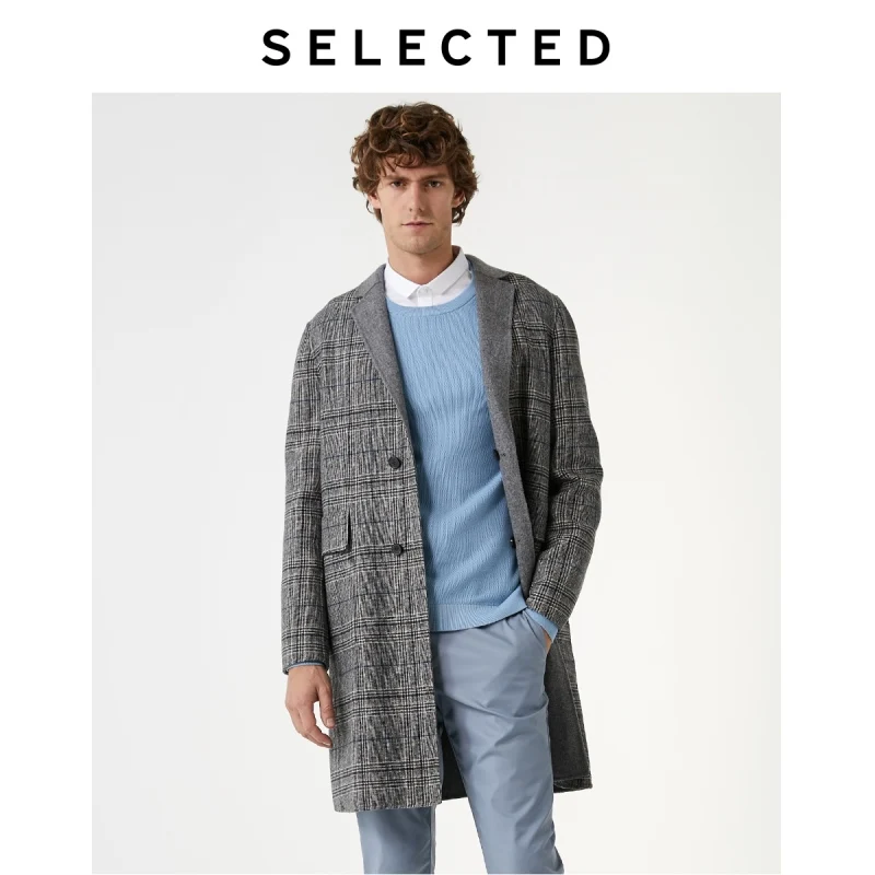 SELECTED Men's Woolen Plaid Mid-length Check Reversible Wool Coat S|419327504 SELECTED Men's Woolen Plaid Mid-length Check Reversible Wool Coat S|419327504