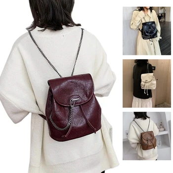 

Lingge Leather Women's Backpack Large-Capacity Chain Clamshell Bag