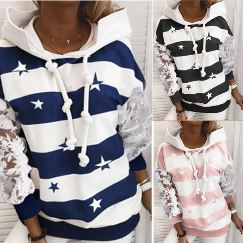 

Striped Print Hoodies Women Autumn Winter Casual Lace Patchwork Long Sleeve Drawstring Loose Hooded Sweatshirt Lady Pullover Top