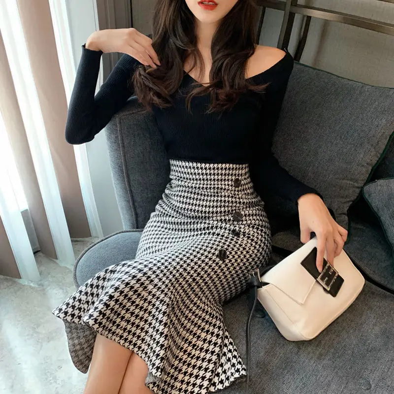 

2020 Women Houndstooth Sweet Trumpet Skirt Female Vintage Long Mermaid Skirts Summer Fashion Skirt Fairy Lady Mid Calf Skirt