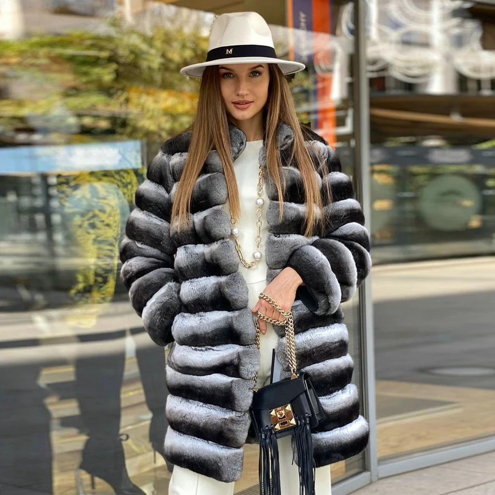 Mid-length Real Rex Rabbit Fur Coat for Women Winter New Trendy Full Pelt Genuine Rex Rabbit Fur Jacket Stand Collar Thick Coats
