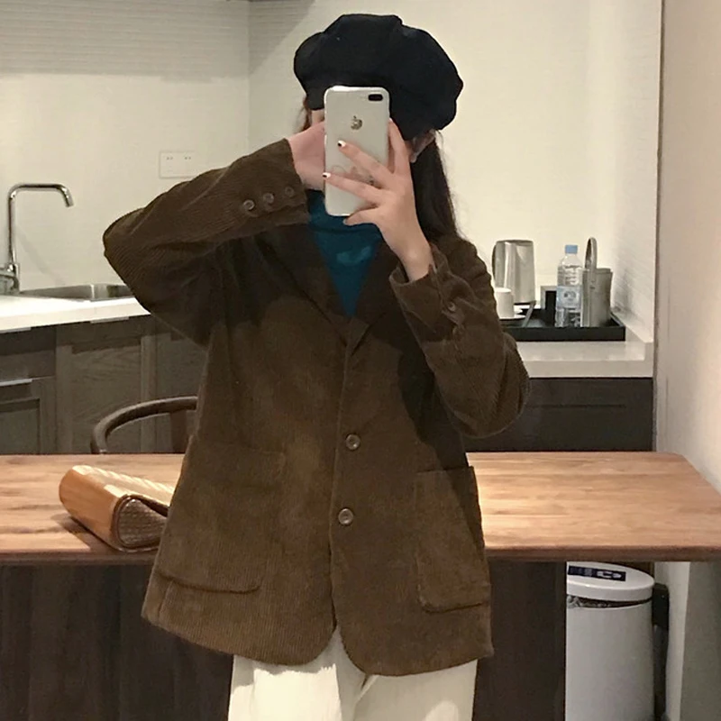 BGTEEVER однобортные женские вельветовые пальто с длинным рукавом, винтажные повседневные Пиджаки, зимние теплые пиджаки