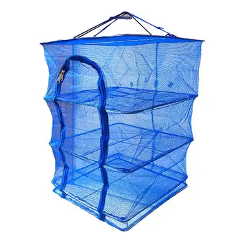 

1pc Foldable Hanging Fishing Net Multi-Layer Fish Drying Net Basket Dryer Net Fruit and Vegetables Hanging Cage (Blue Cross Styl
