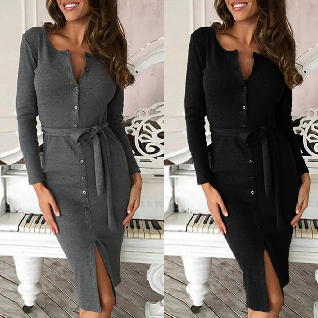 Vestidos модное платье женское повседневное платье-футляр на пуговицах с длинным