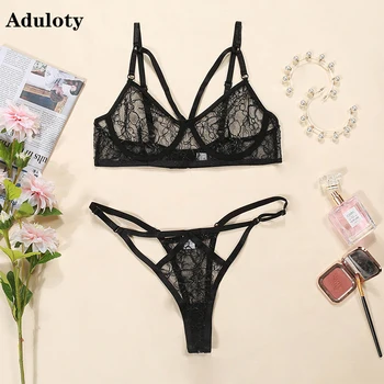 

Aduloty New women's sexy lace embroidered lingerie set underwire gather bra set sexy perspective thong underwear set