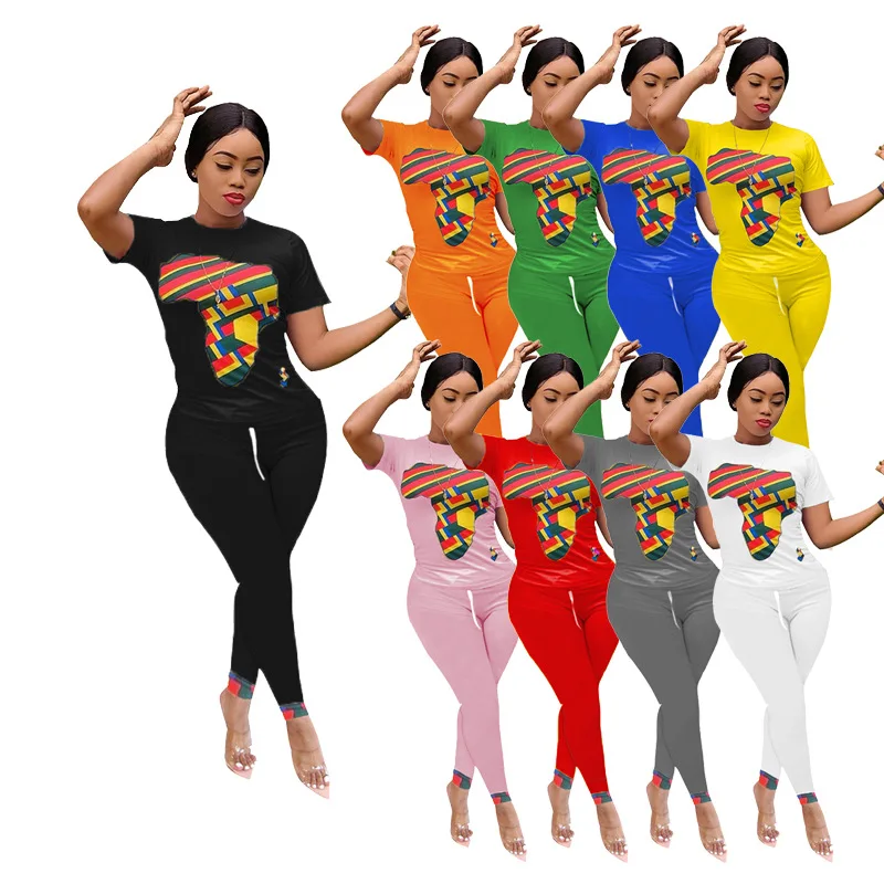 

Women's Africa Map Elements Printed Short Sleeve T Shirts Pants Two Piece Outfits Set Ropa Mujer Tracksuit Women Matching Sets
