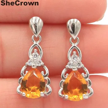 

SheCrown Drop Shape Golden Citrine White CZ Gift For Girls Silver Earrings 24x10mm