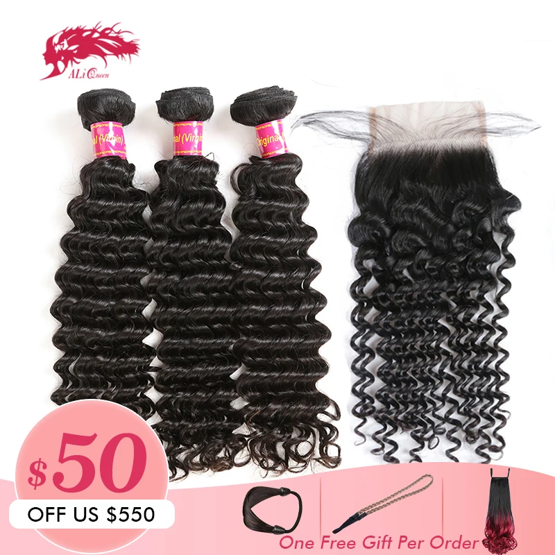 

Ali Queen Hair Product Deep Wave Bundle With Closure Brazilian Unprocessed Virgin Human 4x4 Lace Middle Free Part Double Drawn