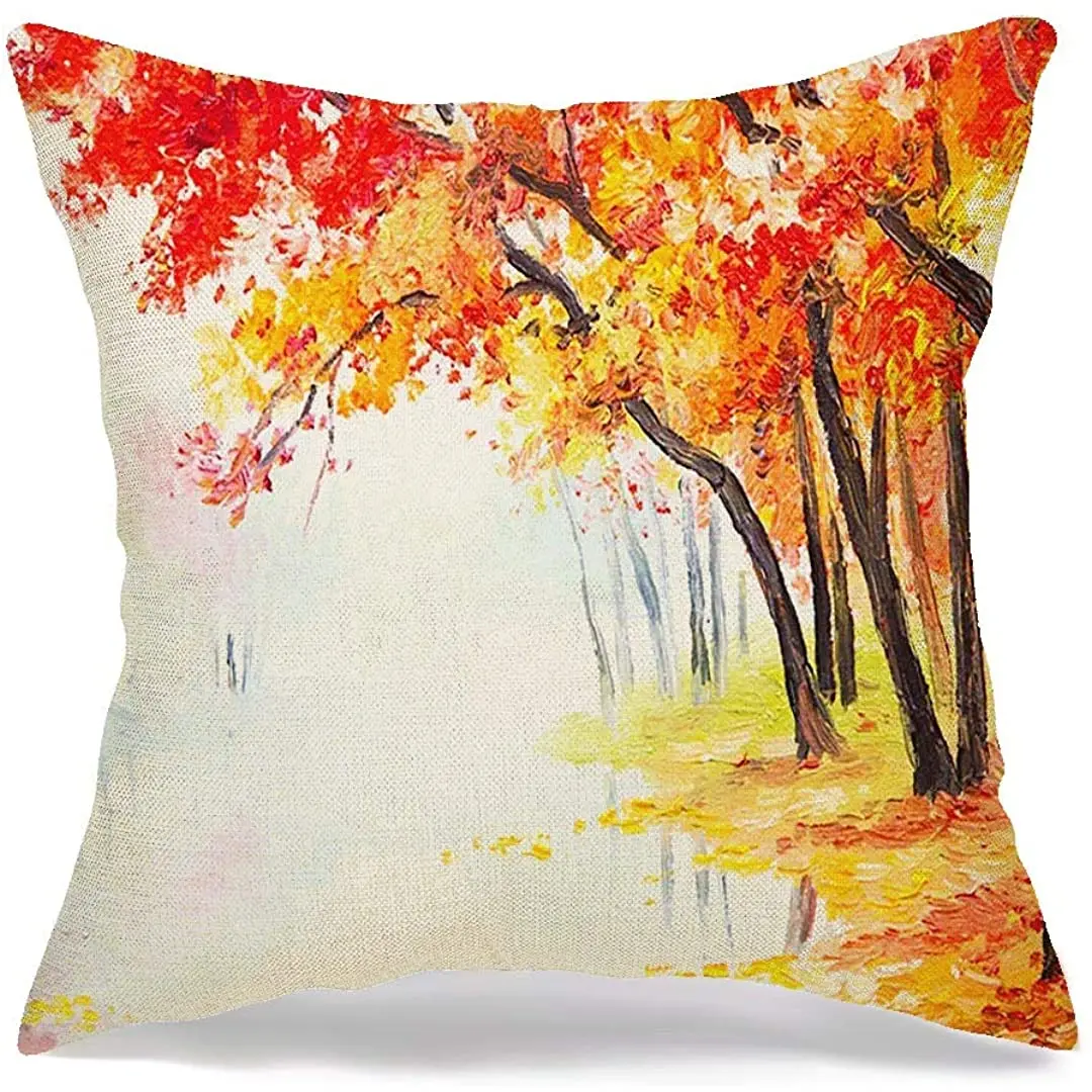 Pillow Cover Decorative Linen Square Pillowcase Watercolor Water Oil Painting Landscape Autumn Forest Near Lake Nature Blue | Дом и сад