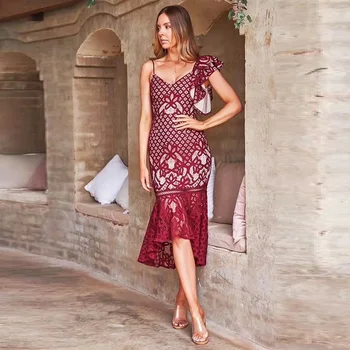 

2019 White Black Wine Red Elegant Mermaid Dress Sexy Backless Spaghetti Strap V Neck Fashion Lace Ruffles Midi Women Dresses
