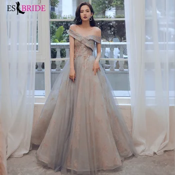 

Elegant V Neck Evening Dresses Long ES2938-1 Off The Shoulder Gray Formal Dress for Women Beading Lace Robe De Soiree 2020