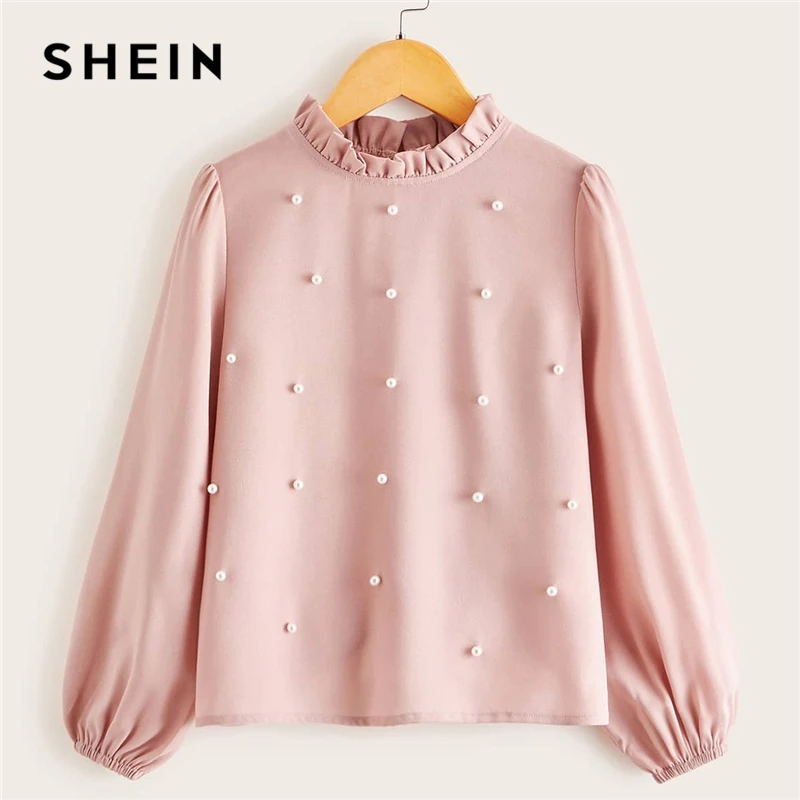 

SHEIN Kiddie Girls Pink Frill Neck Pearls Beading Cute Blouse Kids Tops 2020 Spring Bishop Sleeve Buttoned Back Solid Blouses