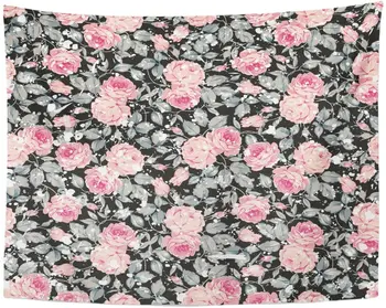 

Tapestry Green Antique Vintage Floral Pattern with Pink Roses and Leaves on Black Beauty Tapestries Wall Hanging for Living Room