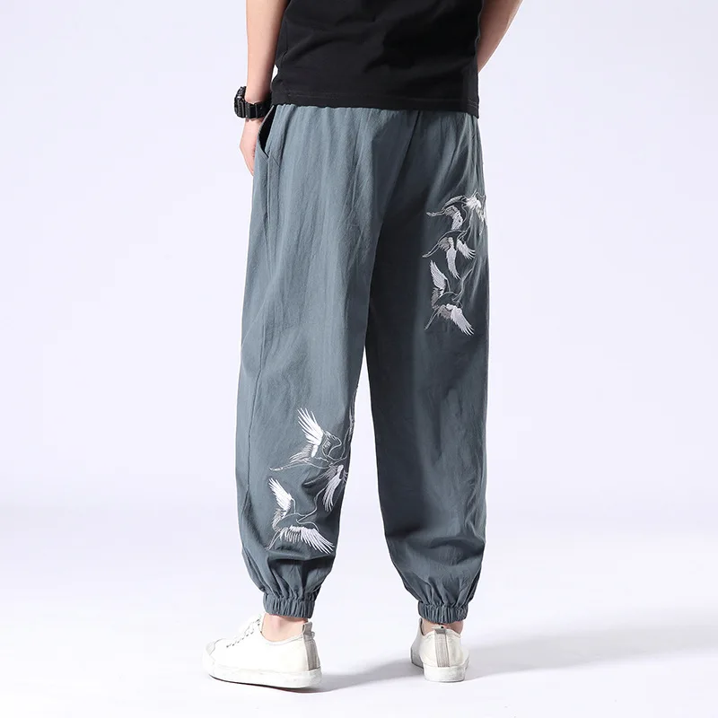 

Chinese-style Flax Beam Leg Capri Pants Men's Retro Chinese Style Crane Embroidery Harem Pants Loose And Plus-sized MEN'S Trouse