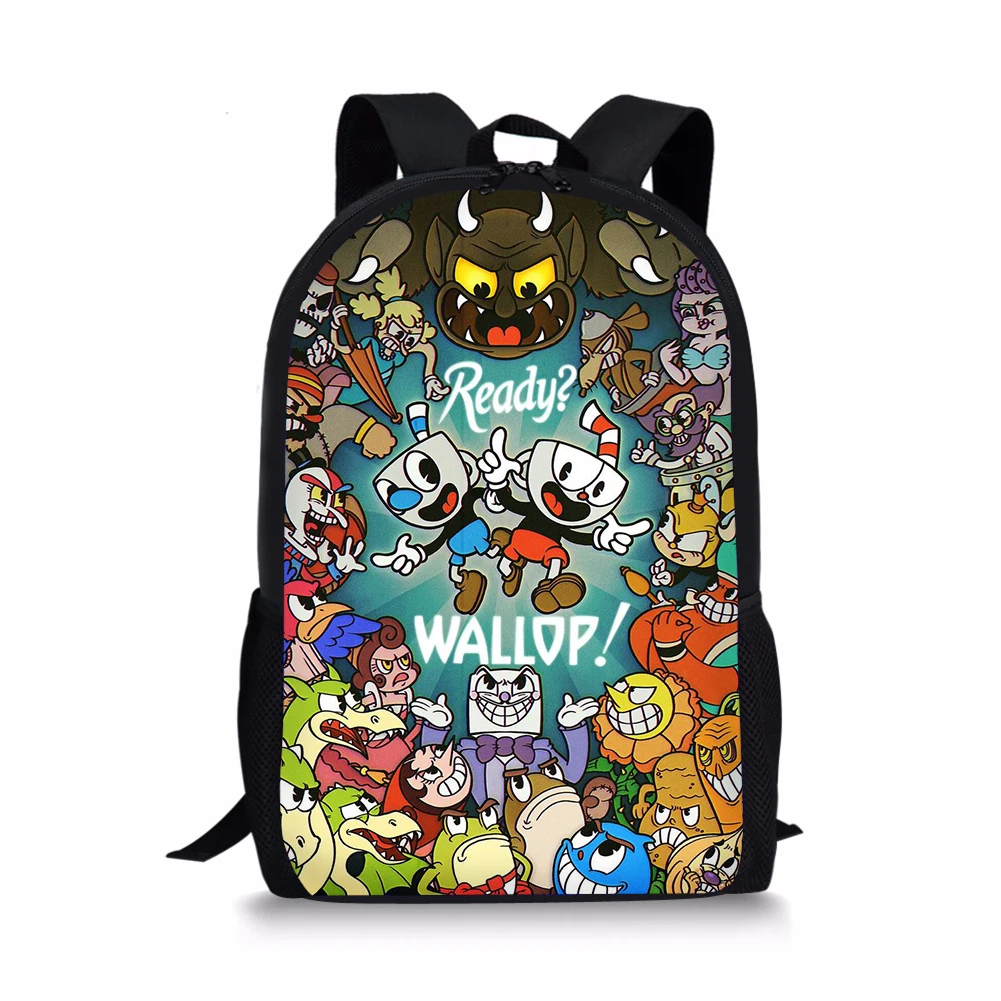 

School Bag for Boys Cuphead Mugman 3D Print Black Backpack Kid Children Bookbag Students Customize Image Bagpack Mochila Bag