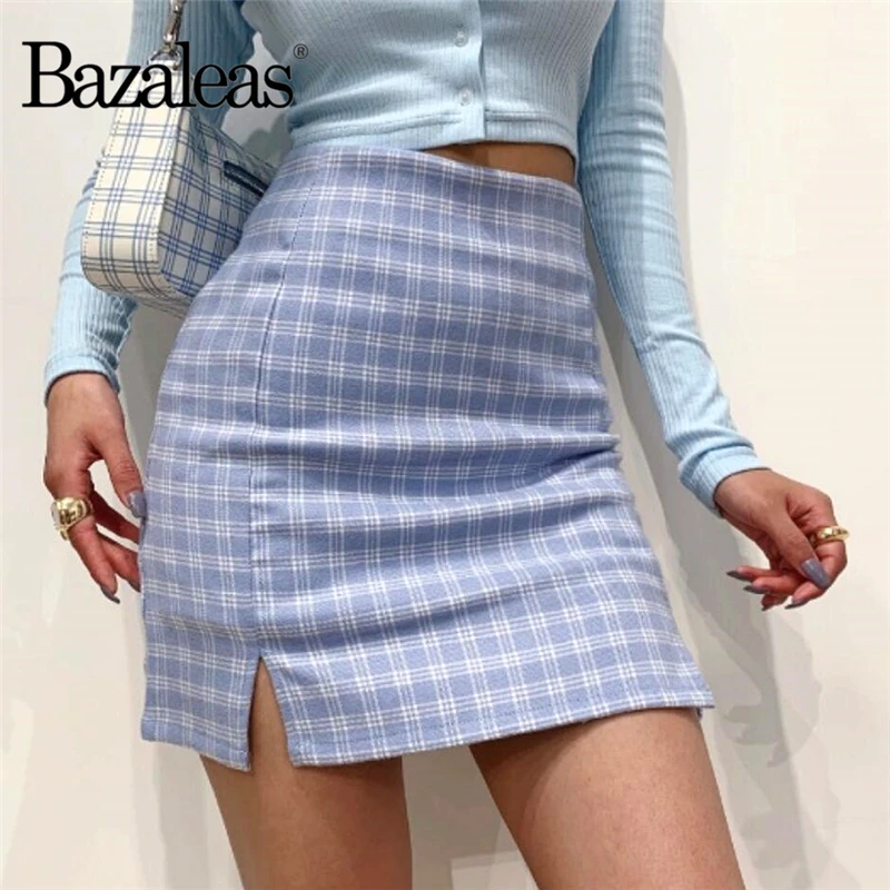 Женская юбка-трапеция Bazaleas светло-голубая короткая юбка с разрезом и высокой