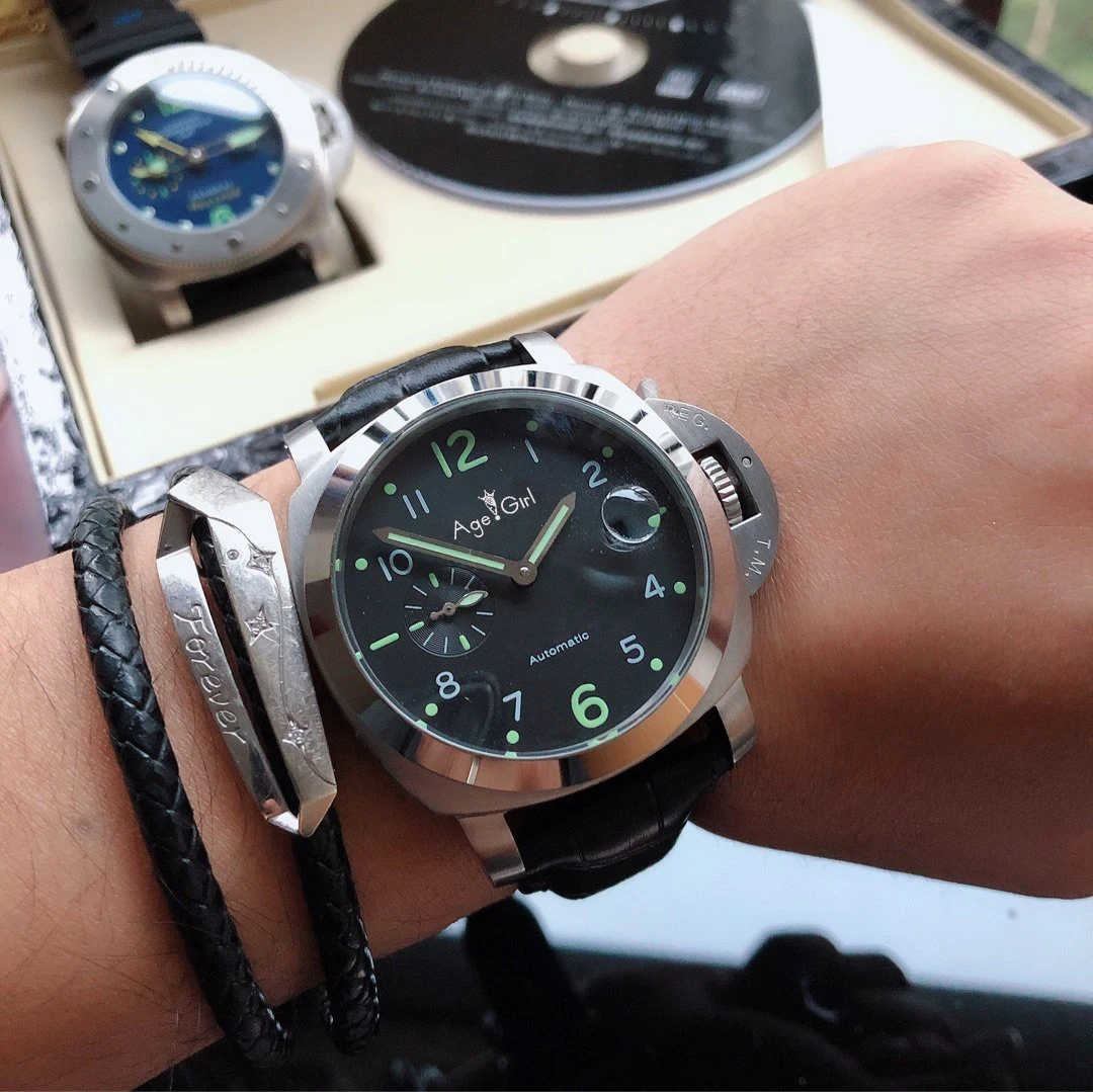 

44mm Luxury Brand New Men Automatic Mechanical Sapphire Stainless Steel 1950 3 Days Luminous Green Number Black Leather Watch