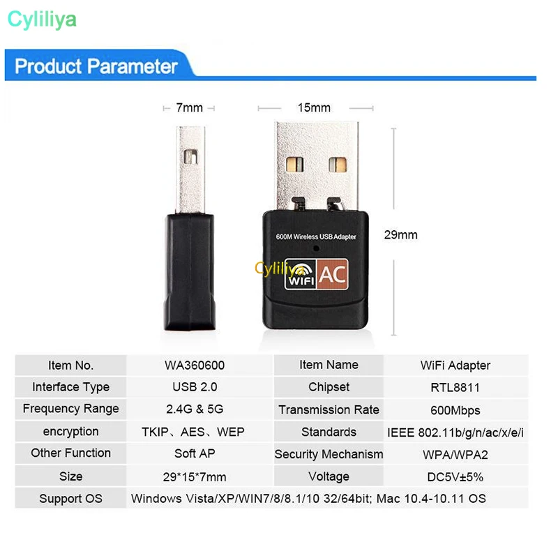 100pcs600Mbps USB WiFi Adapter 2.4GHz 5GHz WiFi Antenna PC Mini Wireless Computer Network Card Receiver Dual Band 802.11b/n/g/ac