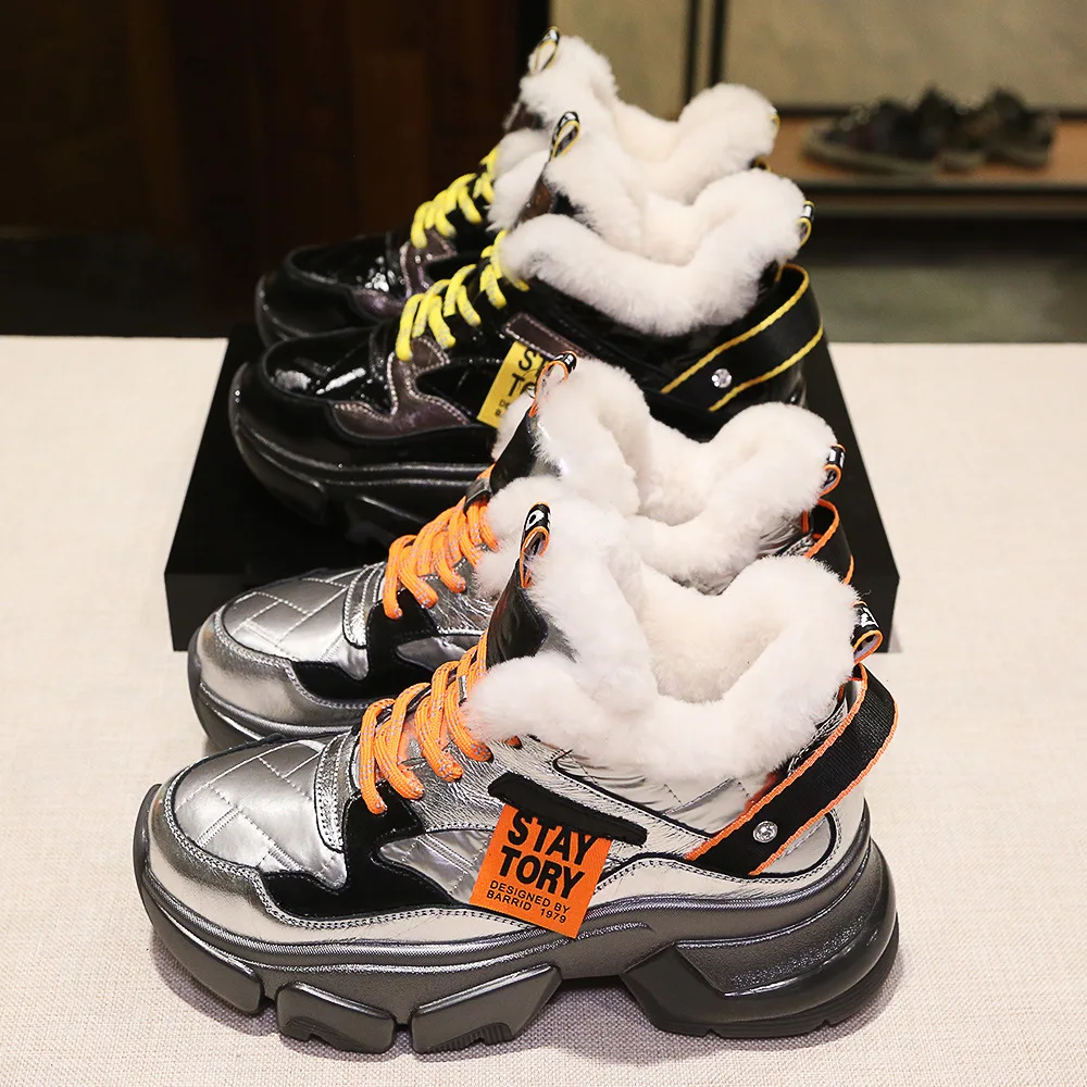 Женские кроссовки из натуральной кожи с натуральным овечьим мехом; теплая зимняя повседневная обувь на платформе в Корейском стиле; разноцветная обувь с высоким берцем; Цвет черный, серебристый