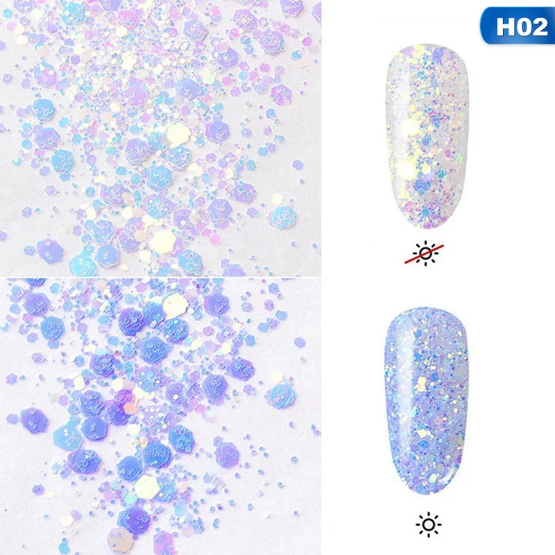 Блестки для ногтей ультра-тонкий русалка шестиугольник хлопья ломтик смешанные блестящие порошки 3d сверкающие украшения для ногтей - Цвет: H03