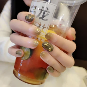 

24pcs/boxed Avocado Small Green press on nails Wearable Detachable Fingertip Magic Box Waterproof Star Ornament Drill short nail