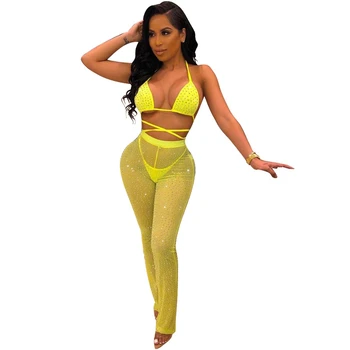 

Sexy Three Piece Set Women Summer Clothes Bikini Push Up Rhinestone Crop Top Mesh Pants Set Three Piece Suit Beach Club Outfits