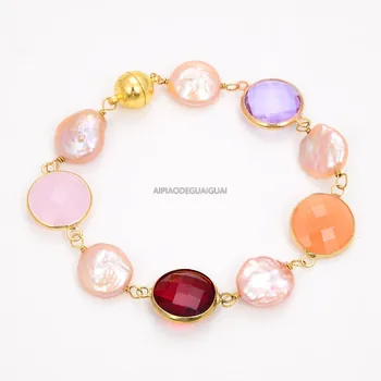 

GuaiGuai Jewelry 8" Pink Coin Keshi Pearl Multi Color Jade Bracelet