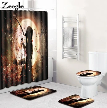 

Halloween Bath Mat Set and Shower Curtain Absorbent Toilet Pedestal Rug Foot Mat Anti Slip Bathroom Shower Mat 4pcs Toilet Set