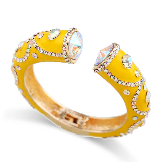 All Seasons Women's Enamel Color Statement Fashion Bangle Cuff Bracelet Gold Plated Inlaid AB Rhinestons Cuff Bangle Yellow