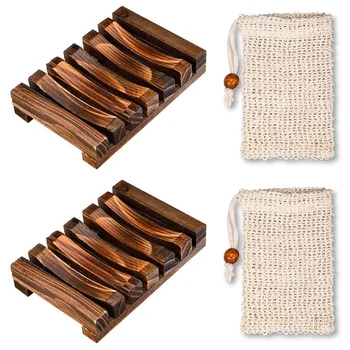 

Soap Dish 4 Pcs Set - Handmade Soap Box Made of Natural Pine and Soap Exfoliating Bag Natural Soap Saver