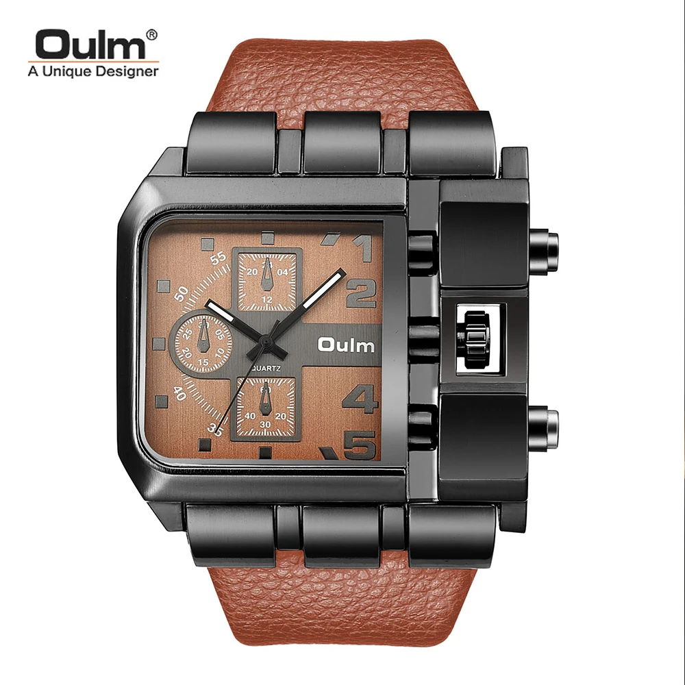 

OULM Brand Original Unique Design Square Men Wristwatch Wide Big Dial Casual Leather Strap Quartz Watch Male Sport Watches