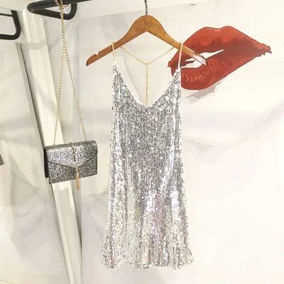 silver big sequin Cakucool, расшитое блестками мини-платье, летнее, ТРАПЕЦИЕВИДНОЕ, блестящее, расшитое бисером, Vestidos, для женщин, с v-образным вырезом, сексуальный сарафан, с ремешком-цепочкой, шикарное платье - Цвет: silver big sequin