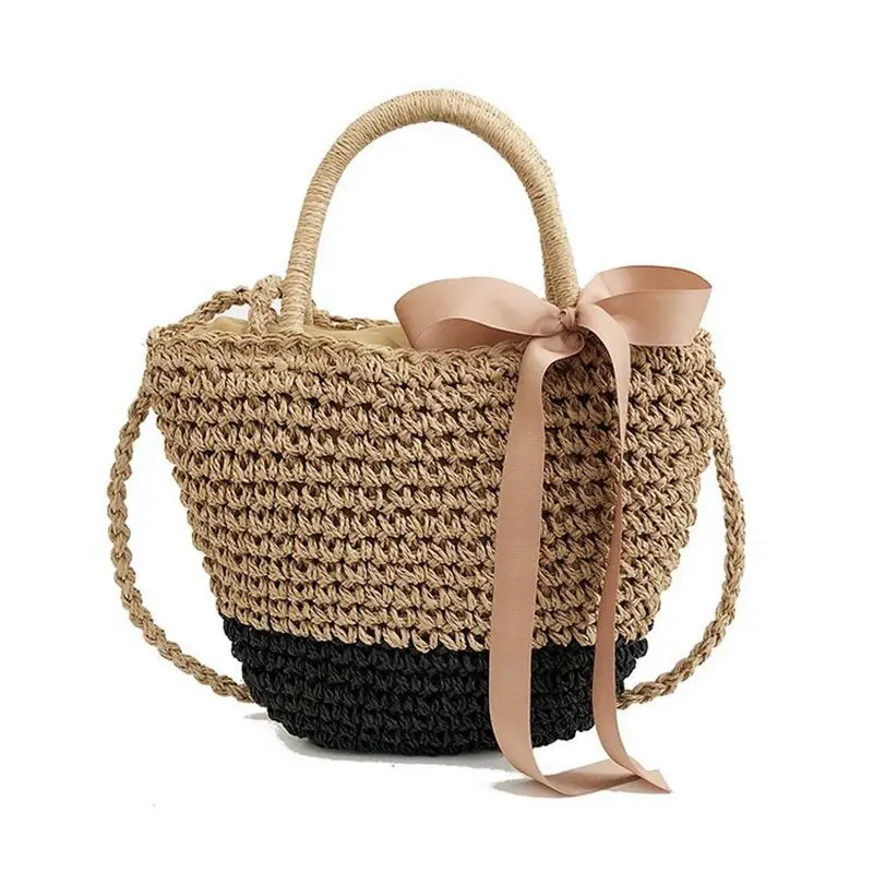 New Arrive Handmade Straw Bags Ribbons Bowknot New Straw Bag Women Handwoven Handbag Casual