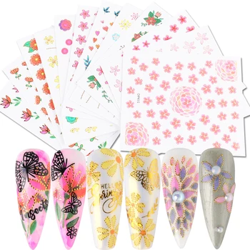 

12pcs 5D Nail Art Sticker Adhesive Flower Heart Eyes Geometric Gold Line Sliders Summer Charming Nail Art Decals SA1788