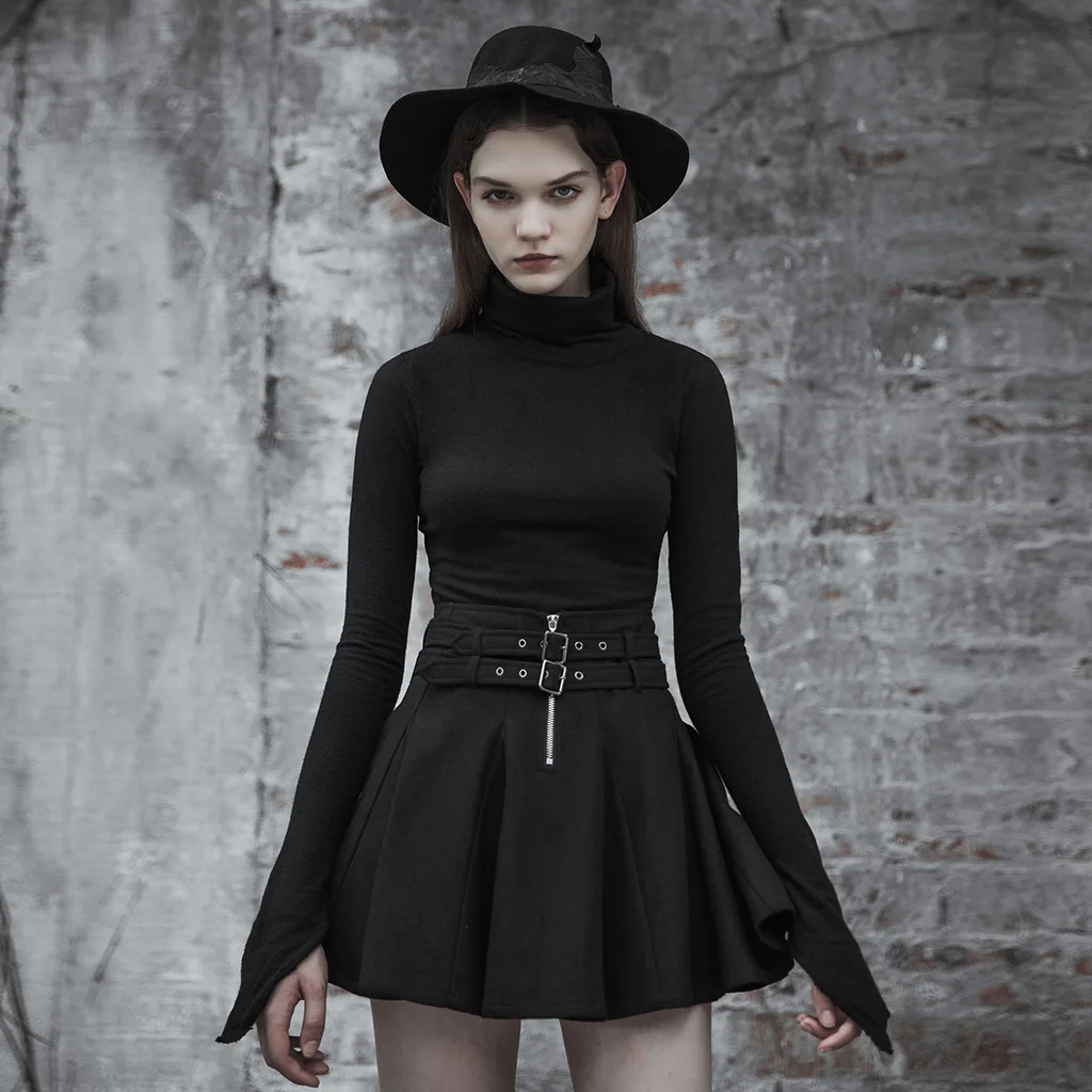 

PUNK RAVE Women's High Collar Irregular Hem Pullover Sweater Gothic Warm Slim Personality Sleeve Causal Sweater