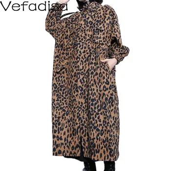 

Vefadisa Plus Size Leopard Print Trench Coat Women Trench Slim Long 2020 Fall Waist Stand Collar Skirt Type Trench Coat QYF3240