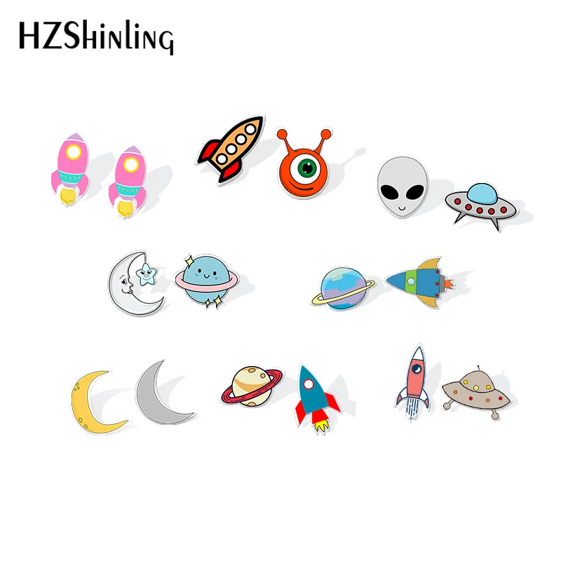

2019 New Moon And Stars Acrylic Earrings Rocket Resin Earrings Alien Spacecraft Epoxy Stud Earring