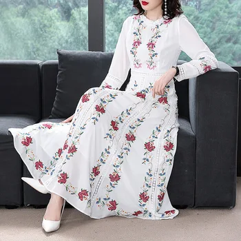 

Hot Europe New Women's Spring High Street Fashion O Neck Embroidery Elegant Floor Length Dress Female Plus Size Omighty Dresses