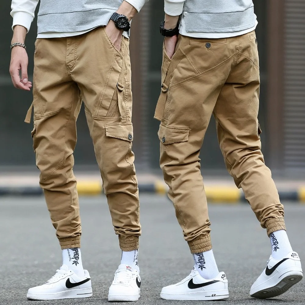 Pantalones Cargo ajustados para hombre, pantalón informal, color caqui,  Harajuku, talla grande, primavera y otoño - AliExpress Ropa de hombre