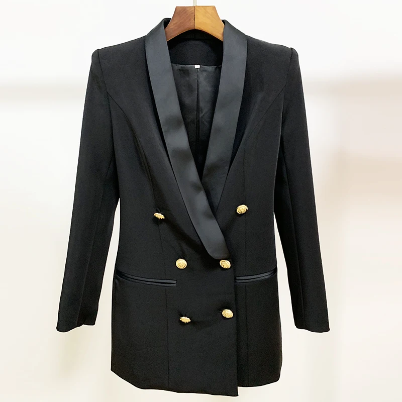 Высокое качество новейший дизайнерский Блейзер Женская куртка с пуговицами льва двубортный атласный шаль воротник длинный парец